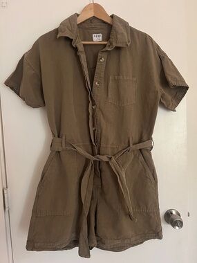 esby olive-green short-sleeve utility romper shirt